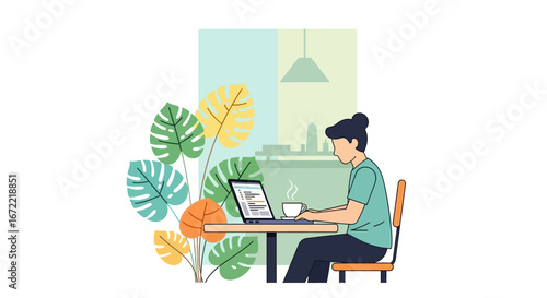 Digital Nomad Working on Laptop in Tropical Cafe Vector Illustration