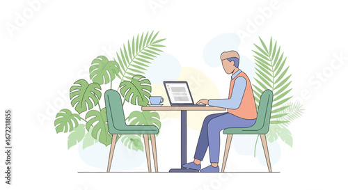 Digital Nomad Working on Laptop in Tropical Cafe Vector Illustration