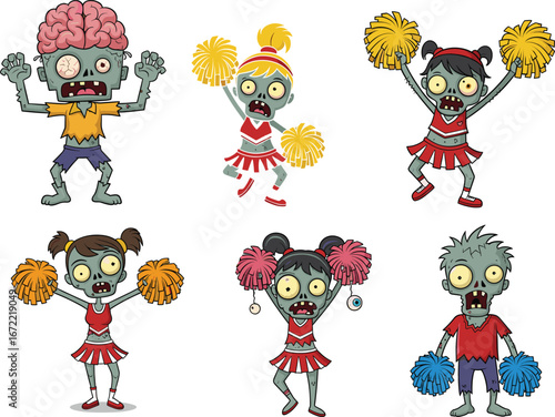 Cartoon zombie cheerleaders with pom-poms, undead cheerleader girls, creepy Halloween zombies, funny zombie cheerleader characters, spooky undead cheerleading team illustrations