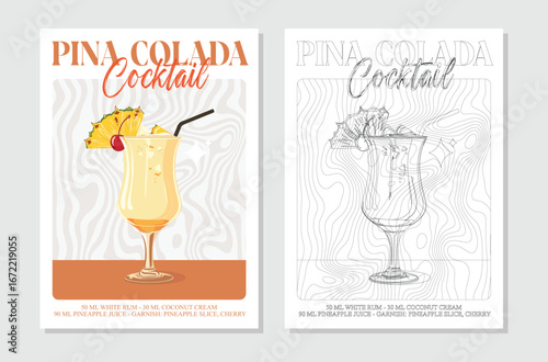 Pina colada cocktails retro posters. Garnished alcoholic beverage graphic print. Popular alcohol drinks. Vintage style vector illustrations, bar, pub, restaurant, kitchen wall art