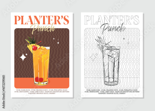 Planter’s punch cocktails retro posters. Garnished alcoholic beverage graphic print. Popular alcohol drinks. Vintage style vector illustrations, bar, pub, restaurant, kitchen wall art
