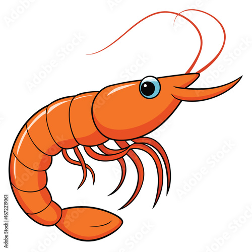 Cartoon Orange Shrimp With Blue Eyes And Long Antennae prawn seafood