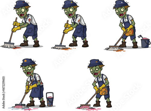 Cartoon zombie janitor cleaning floors with mop and bucket, undead janitor character, spooky Halloween cleaner, funny zombie sweeper, animated zombie worker illustrations