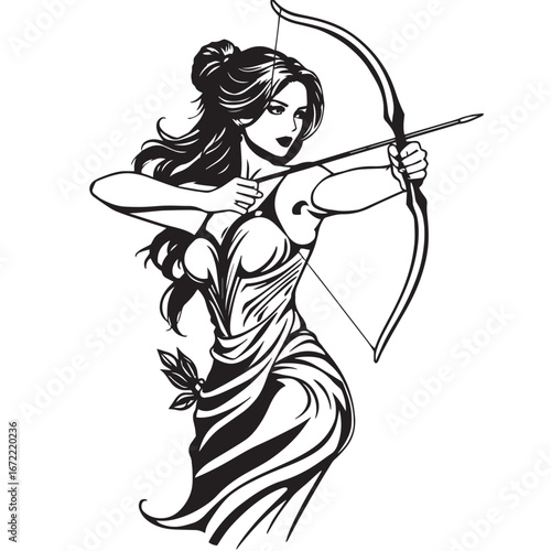 Elegant female archer pose vector design concept black and white illustration.