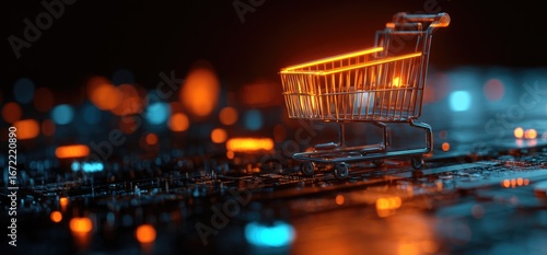 Empty shopping cart on a futuristic, digital surface.  Neon glow highlights the cart