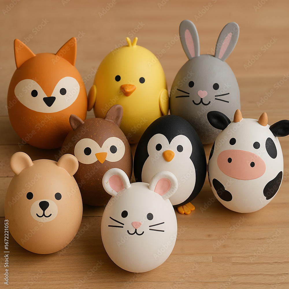 Obraz premium Colorful animal-themed Easter eggs arranged on a wooden surface 