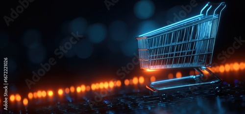 Glowing shopping cart on digital surface