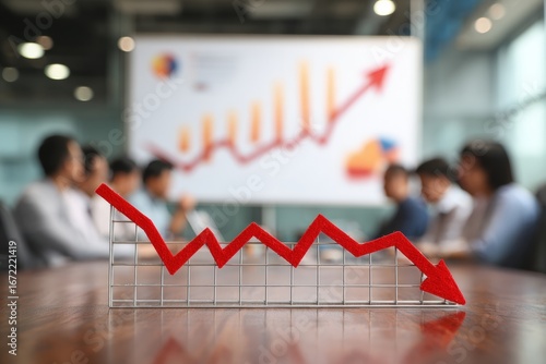 Business meeting with declining graph
