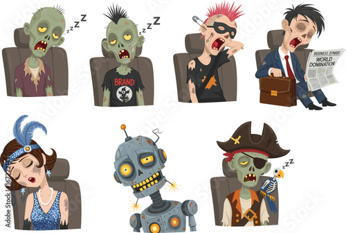 Funny sleeping zombie characters in chairs, cartoon undead people, business zombie, punk zombie, pirate, robot, and flapper illustration vector set