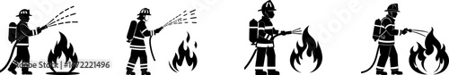 Silhouette of emergency rescue collection. Firefighters extinguishing flames with hoses, showcasing teamwork and bravery in emergency situations.