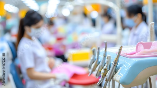 A blurred view showcases a dental practice with a healthcare professional attending to a patient, highlighting the modern equipment and clinical environment, evoking a sense of care.