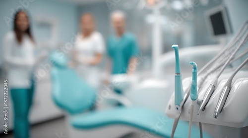 A softly focused view within a modern dental practice showcases the tools of the trade, with blurred figures of healthcare professionals attending to patients in the background.