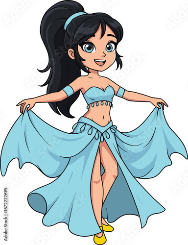 Cartoon belly dancer in blue costume, elegant dance pose, traditional attire, cultural dance concept, animation character, vibrant style, smiling