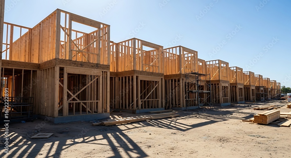 Obraz premium Wood framing stage of residential construction showcasing modern design and progress