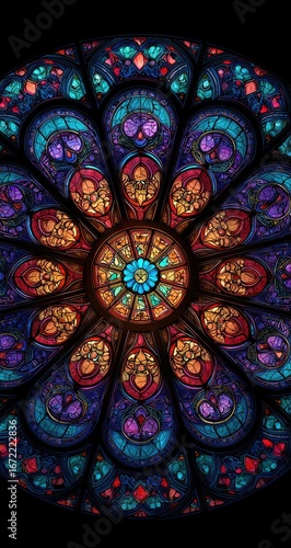 Ornate stained glass rose window with vibrant colors and intricate floral patterns