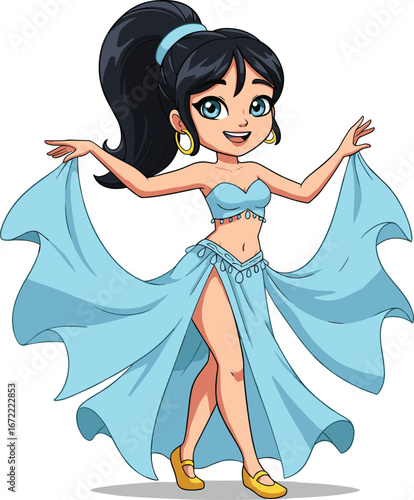 Cartoon belly dancer in blue costume, elegant dance pose, traditional attire, cultural dance concept, animation character, vibrant style, smiling