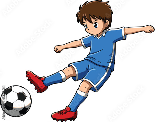 Cartoon boy playing soccer, kicking ball, football action pose, sports uniform, energetic child athlete, animated sport, kids game scene