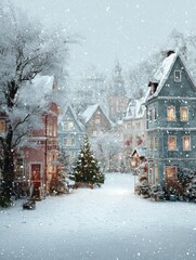 happy holidays vintage winter village landscape with christmas background