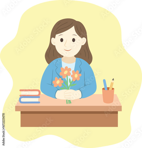 Teacher sitting at the table. Happy teacher's day illustration. Woman with flowers, office worker