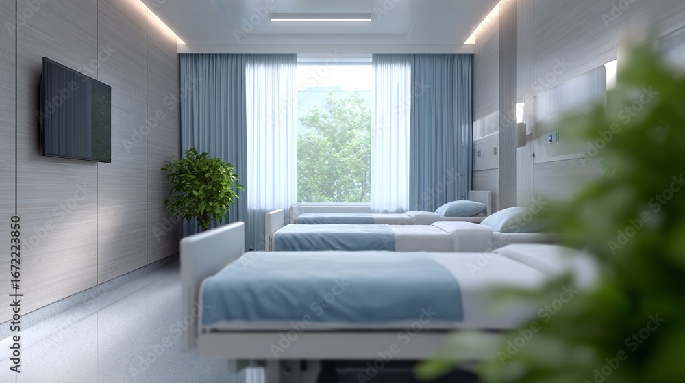Fototapeta premium Bright and Airy Hospital Room Interior with Modern Design and Comfortable Amenities