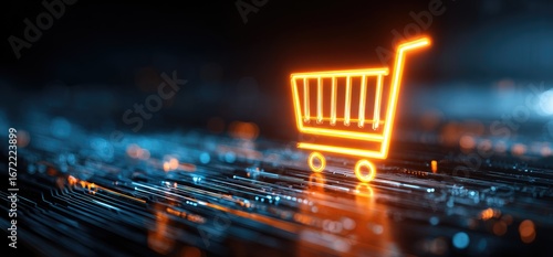 Neon shopping cart icon on a digital circuit board