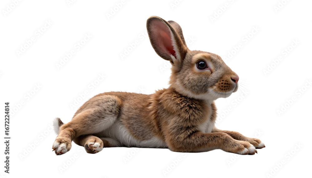 Obraz premium Cute Brown Rabbit Lying on White Background. Adorable furry bunny, isolated side view, perfect for Easter, spring, nature, or pet concepts with copy space.