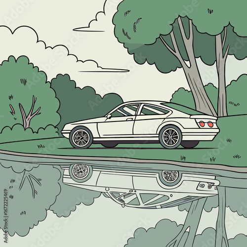 Illustration of a vintage car reflected in a tranquil lake surrounded by trees, capturing a serene scene in the countryside landscape
