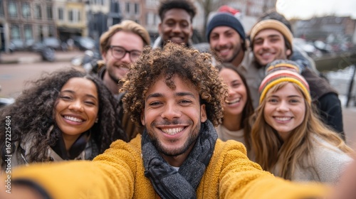 happy friends from diverse cultures and races taking selfie with back lighting  youth and friendship concept with young people having fun together  main focus on left two guys  retro filter no logos 