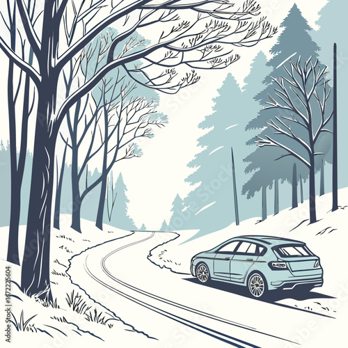Vector art of a blue car drives on a winding snowcovered road through a winter forest, with tall trees and a serene landscape