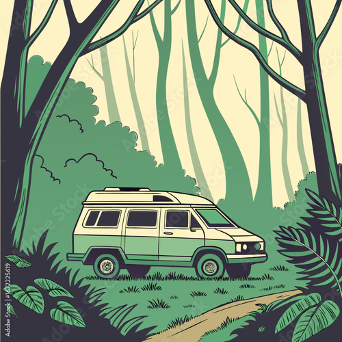 Vector art of a camper van parked in a serene forest, surrounded by tall trees and lush greenery, inviting a sense of adventure and exploration in the great outdoors