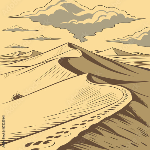 Vector art of a captivating desert landscape with rolling sand dunes under a cloudy sky, inviting adventure and exploration across the arid terrain and endless horizon