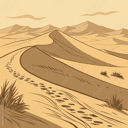 Vector art of a captivating desert landscape illustration featuring winding sand dunes, footprints, and distant mountains, evoking a sense of adventure and exploration
