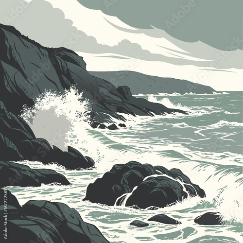 Vector art of a captivating vector illustration of a rugged coastline, where waves crash against the rocks under a cloudy sky, capturing the essence of the sea