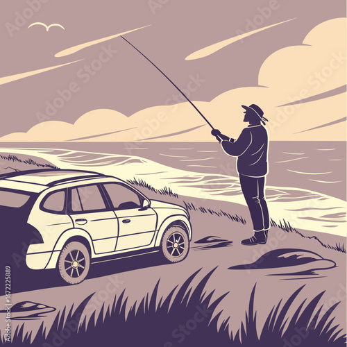 Vector art of a fisherman casting his fishing rod into the sea from the shore with his car parked nearby, enjoying a peaceful day of fishing in nature