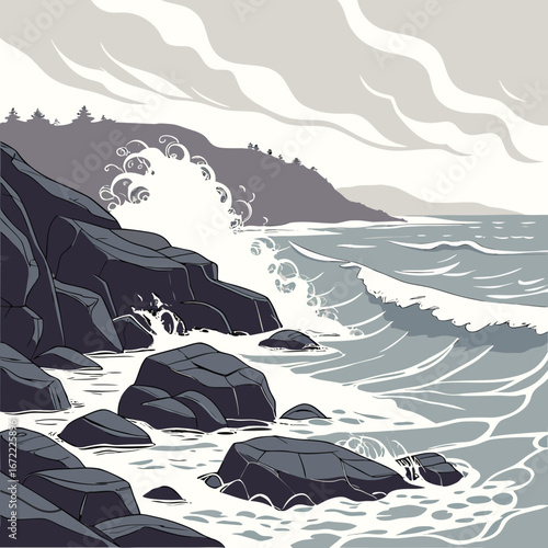 Vector art of a dramatic coastal scene with waves crashing against rocky cliffs, showcasing the power and beauty of the ocean and the rugged coastline