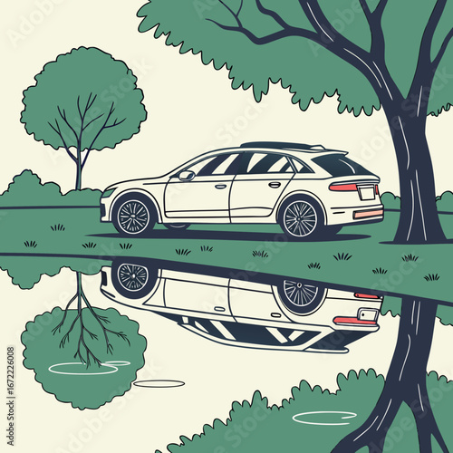 Vector art of a modern white car reflected in a tranquil lake surrounded by lush trees, creating a scenic landscape for travel and outdoor adventures