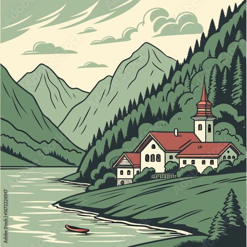 Vector art of a picturesque alpine village nestled on the shores of a serene lake, surrounded by majestic mountains and lush forests, evoking a sense of tranquility