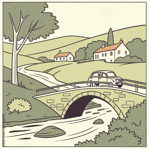 Vector art of a picturesque countryside scene featuring a vintage car crossing a stone bridge over a tranquil river, with houses and rolling hills in the background