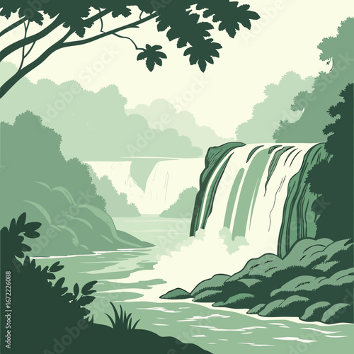 Vector art of a picturesque waterfall cascading down a rocky cliff, surrounded by lush green trees and foliage, creating a serene and tranquil natural scene