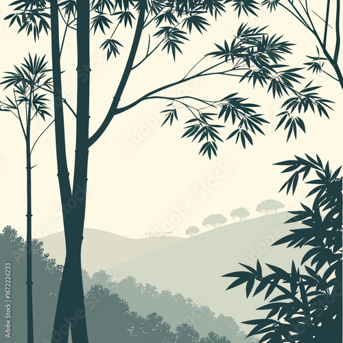 Vector art of a serene bamboo forest landscape with lush green foliage and a peaceful atmosphere, creating a zenlike ambiance