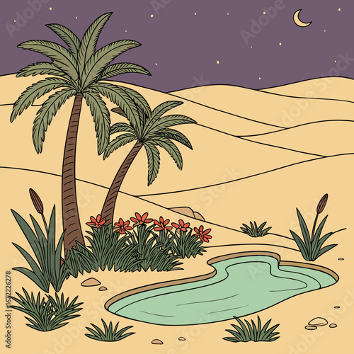 Vector art of a serene desert oasis at night, featuring palm trees, a pool of water, and a starry sky with a crescent moon, creating a peaceful and inviting scene