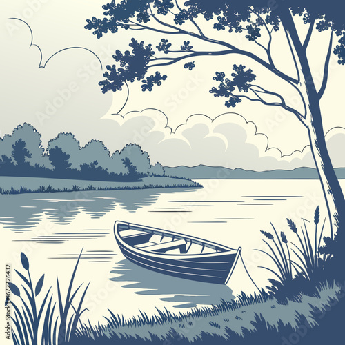 Vector art of a serene lake scene with a rowboat gently floating on the water, framed by a tree and a cloudy sky, creating a tranquil and picturesque landscape