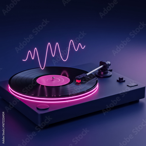 Neon Turntable Vinyl Record Player Synth wave Music And Glowing Record Player