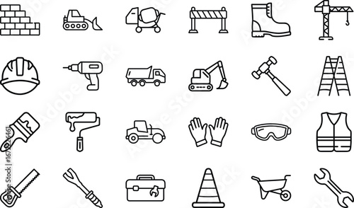 Construction equipment and safety gear icons on white background brick wall