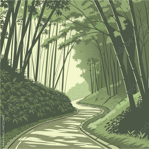 Vector art of a serene road winds through a lush bamboo forest, creating a peaceful scene of natures beauty and inviting travel and exploration