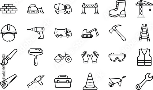 Collection of construction tools and equipment icons on white background brick wall