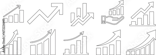 Outline Growth icon set. Containing performance, gain, improvement, grow, chart, increase, evolution and development icons. Outline icon collection. Vector illustration.