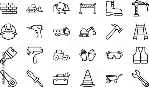 Construction equipment and safety gear icons set on white background brick wall 1