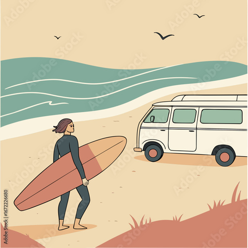 Vector art of a surfer carrying a surfboard on a sandy beach with a vintage van, seagulls flying in the sky, capturing the essence of summer vacation and coastal lifestyle