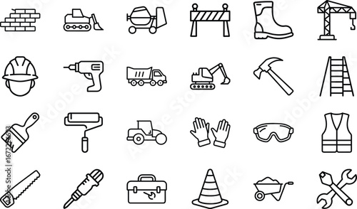 Construction equipment and safety gear line art icons on white background brick wall
